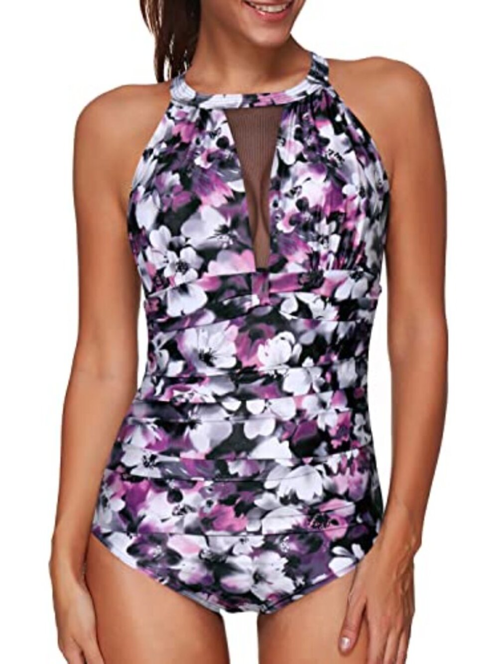 Tempt Me Floral One Piece Swimsuit Women’s M Mesh High Neck Ruched Slimming